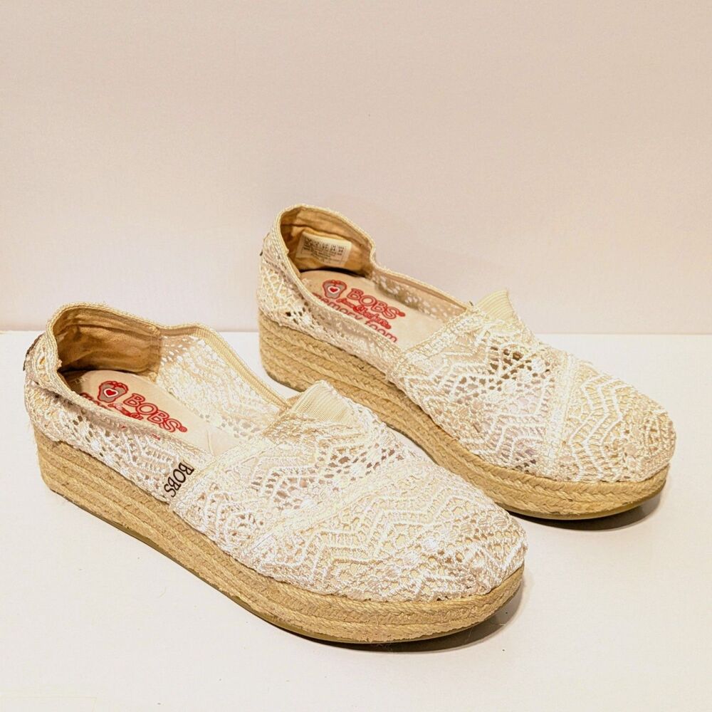 Bobs Skechers Womens Ivory Lace Espadrille Slip On Shoes Size 7 Feminine Comfort
